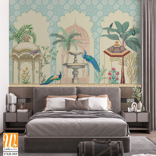 Mughal decorative pattern with palm tree, plant, bird, peacock illustration for wallpaper [WP-FXH-569]