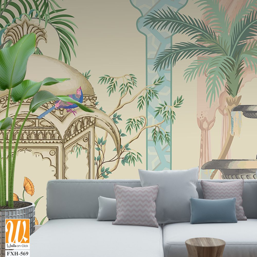 Mughal decorative pattern with palm tree, plant, bird, peacock illustration for wallpaper [WP-FXH-569]
