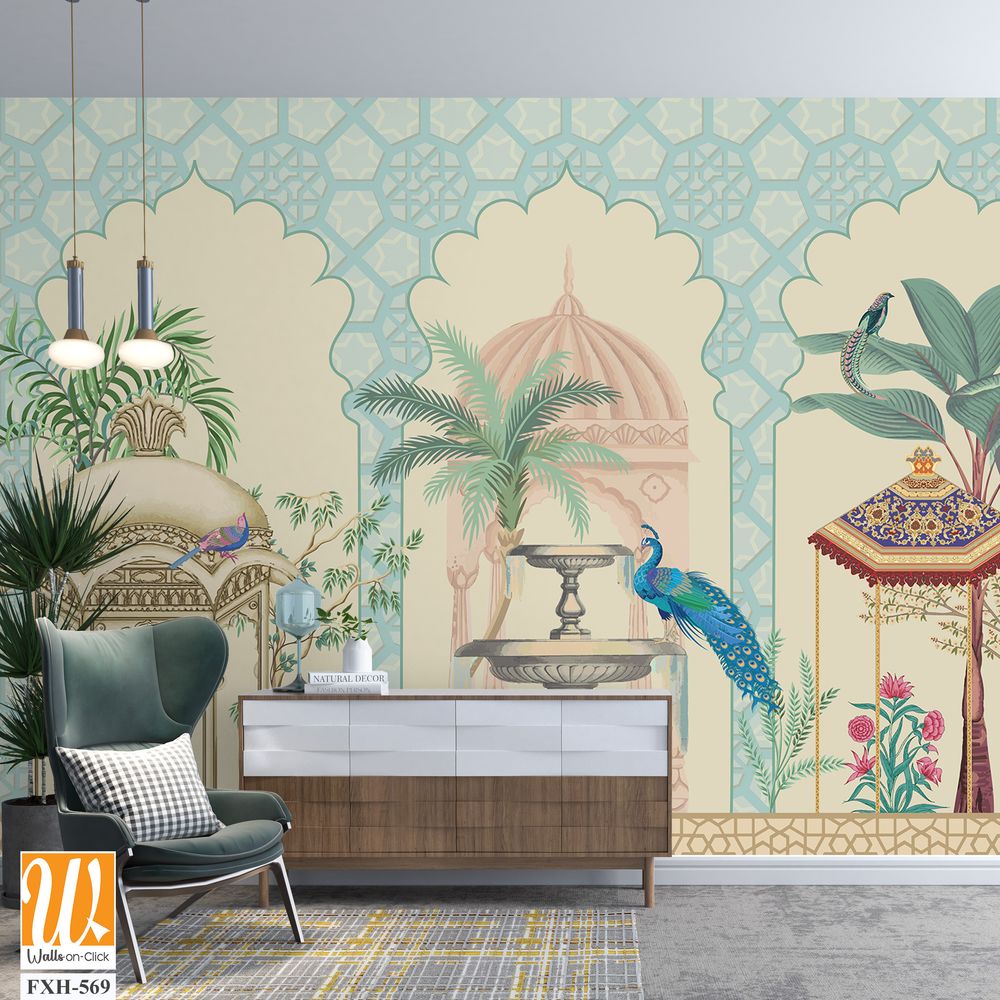 Mughal decorative pattern with palm tree, plant, bird, peacock illustration for wallpaper [WP-FXH-569]