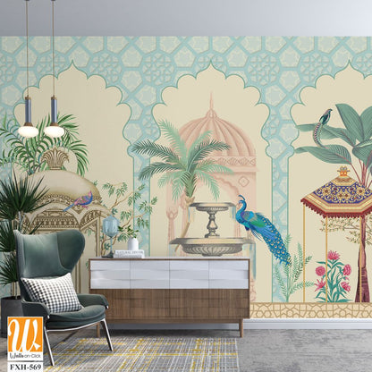 Mughal decorative pattern with palm tree, plant, bird, peacock illustration for wallpaper [WP-FXH-569]