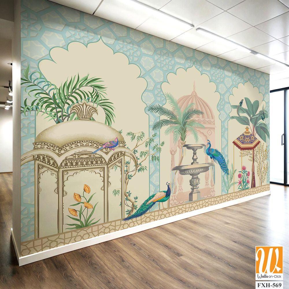 Mughal decorative pattern with palm tree, plant, bird, peacock illustration for wallpaper [WP-FXH-569]
