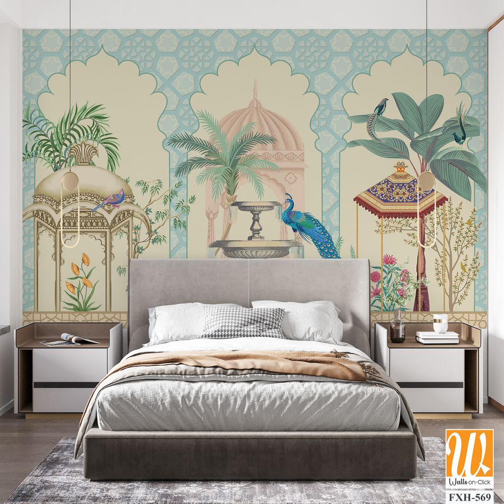 Mughal decorative pattern with palm tree, plant, bird, peacock illustration for wallpaper [WP-FXH-569]