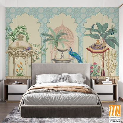 Mughal decorative pattern with palm tree, plant, bird, peacock illustration for wallpaper [WP-FXH-569]