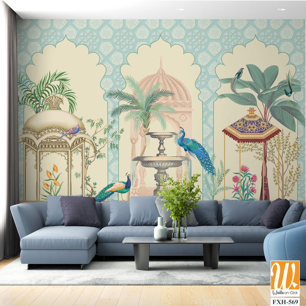 Mughal decorative pattern with palm tree, plant, bird, peacock illustration for wallpaper [WP-FXH-569]