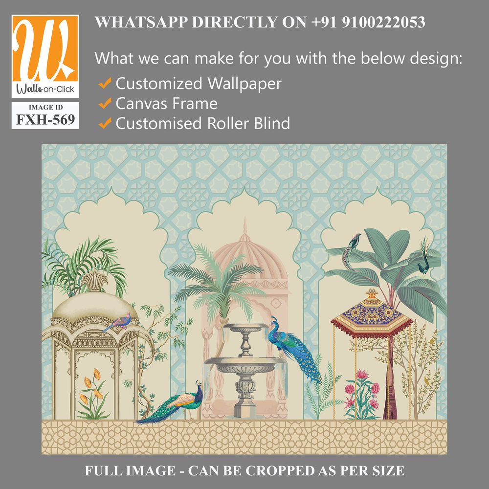 Mughal decorative pattern with palm tree, plant, bird, peacock illustration for wallpaper [WP-FXH-569]