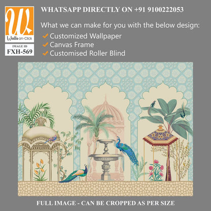 Mughal decorative pattern with palm tree, plant, bird, peacock illustration for wallpaper [WP-FXH-569]