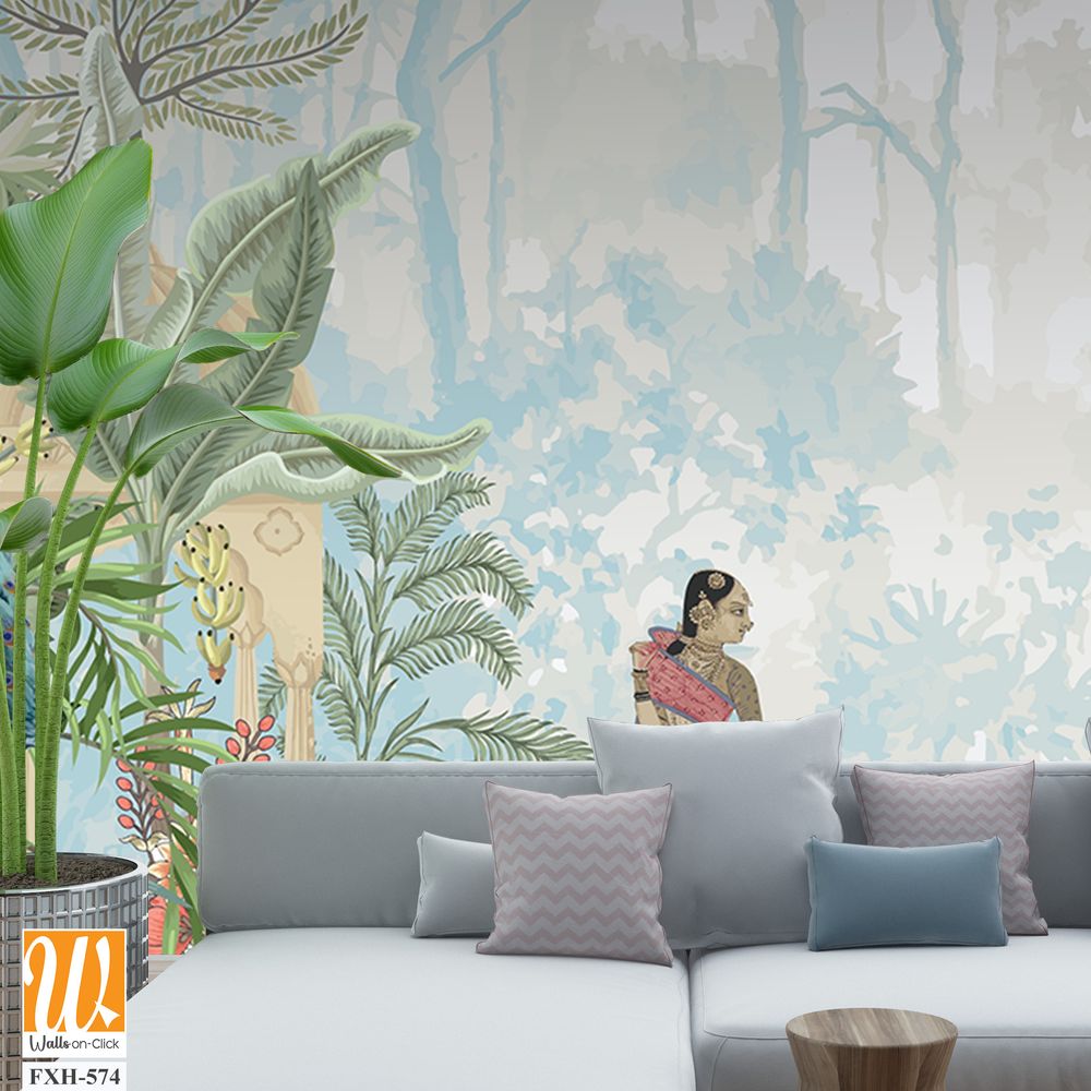 Traditional Mughal emperor riding horse, standing woman in a garden illustration pattern for wallpaper [WP-FXH-574]