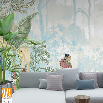 Traditional Mughal emperor riding horse, standing woman in a garden illustration pattern for wallpaper [WP-FXH-574]