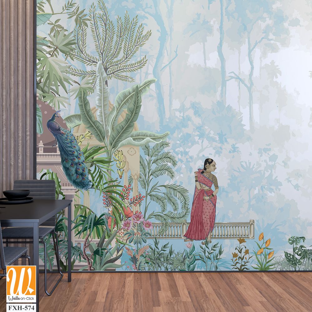 Traditional Mughal emperor riding horse, standing woman in a garden illustration pattern for wallpaper [WP-FXH-574]