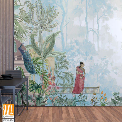 Traditional Mughal emperor riding horse, standing woman in a garden illustration pattern for wallpaper [WP-FXH-574]