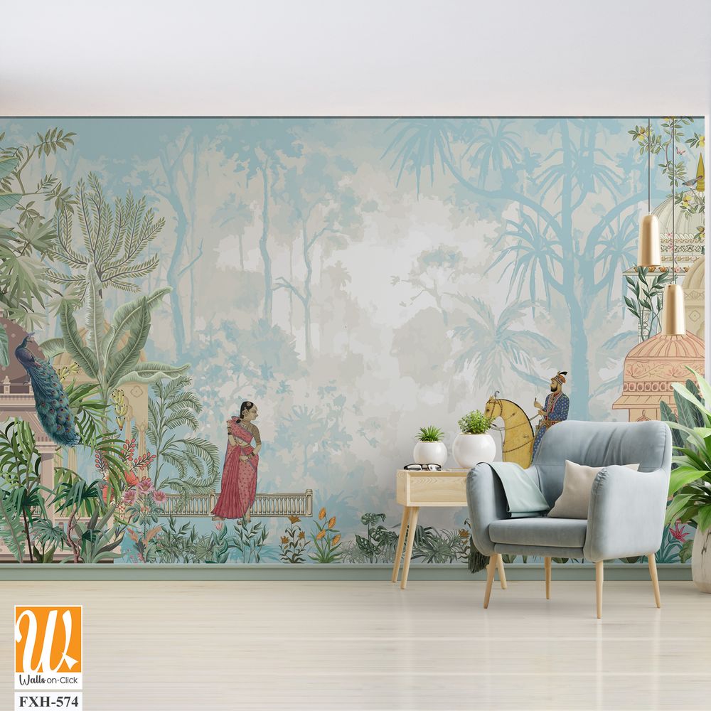 Traditional Mughal emperor riding horse, standing woman in a garden illustration pattern for wallpaper [WP-FXH-574]