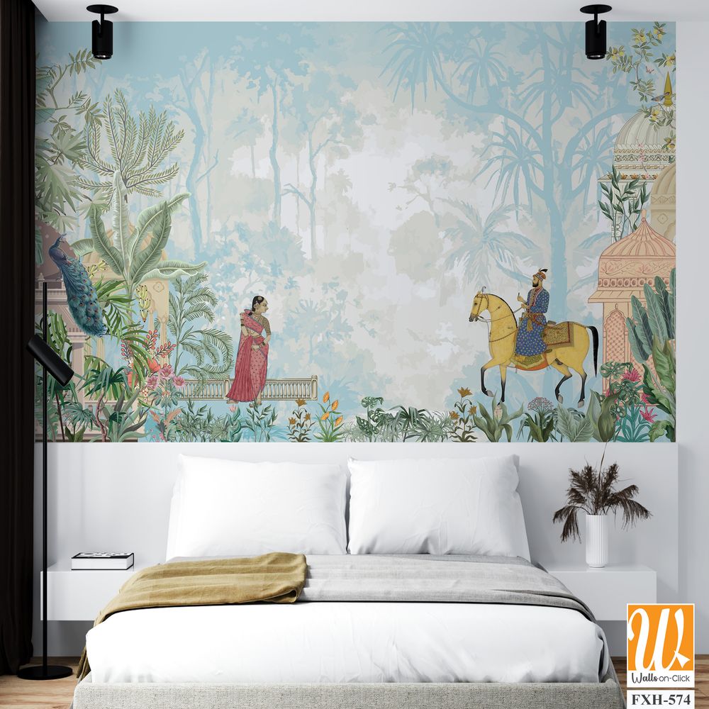 Traditional Mughal emperor riding horse, standing woman in a garden illustration pattern for wallpaper [WP-FXH-574]