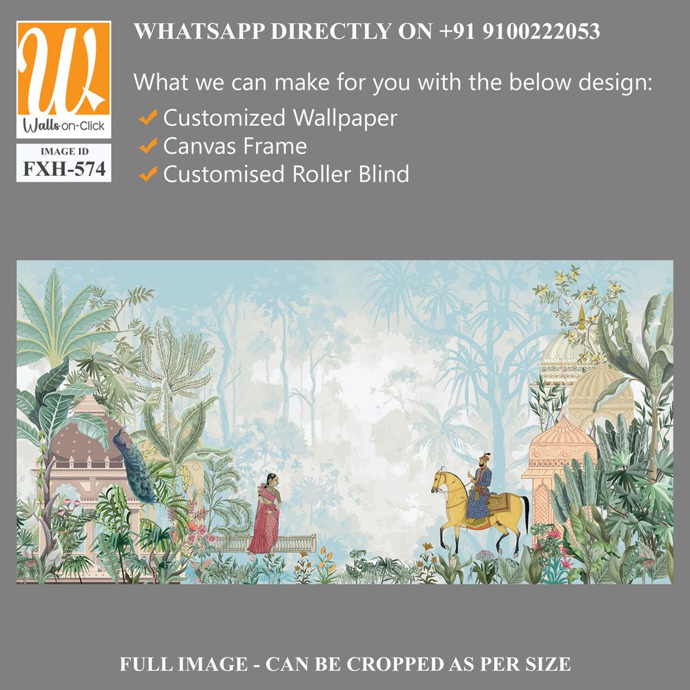 Traditional Mughal emperor riding horse, standing woman in a garden illustration pattern for wallpaper [WP-FXH-574]