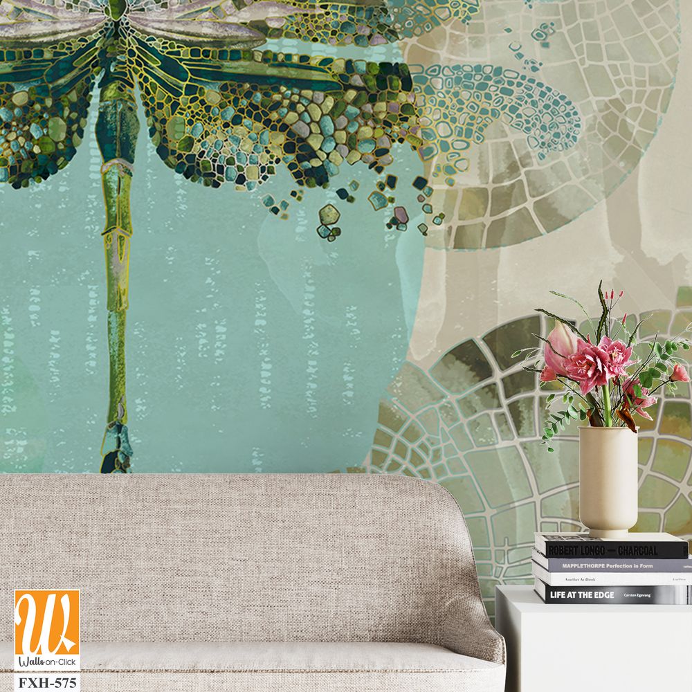 Dragonflies that fly on canvas texture background with watercolor highlights photo wallpaper [WP-FXH-575]