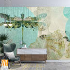 Dragonflies that fly on canvas texture background with watercolor highlights photo wallpaper [WP-FXH-575]