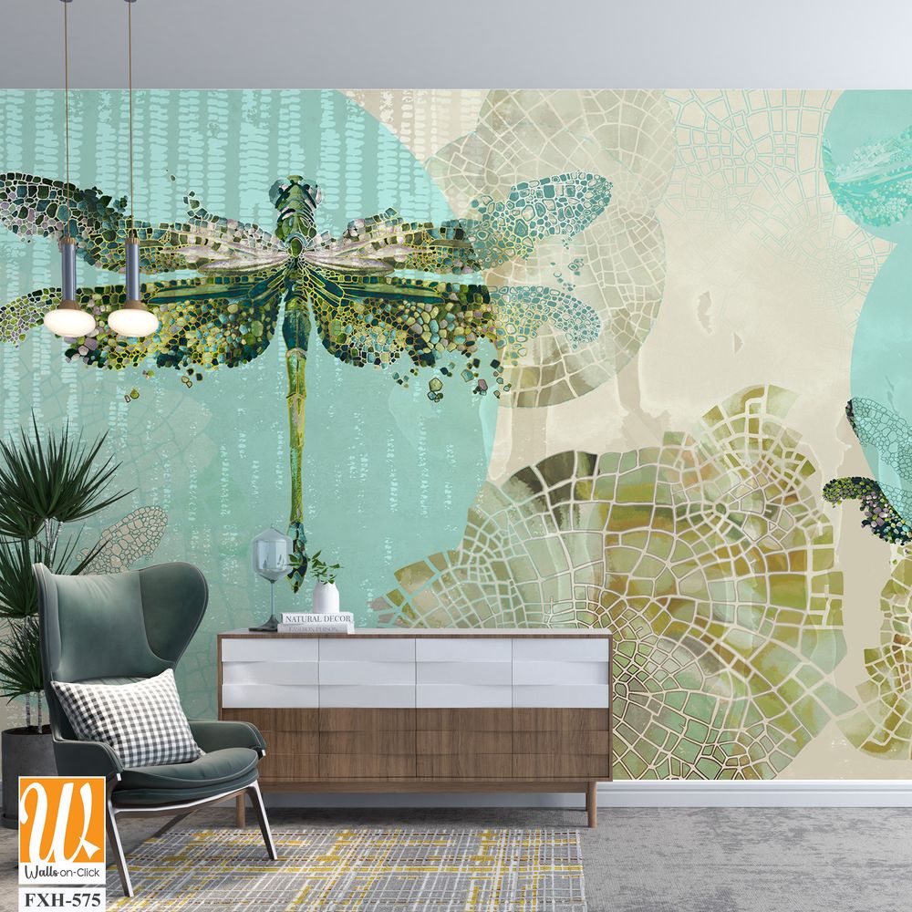 Dragonflies that fly on canvas texture background with watercolor highlights photo wallpaper [WP-FXH-575]