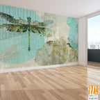 Dragonflies that fly on canvas texture background with watercolor highlights photo wallpaper [WP-FXH-575]