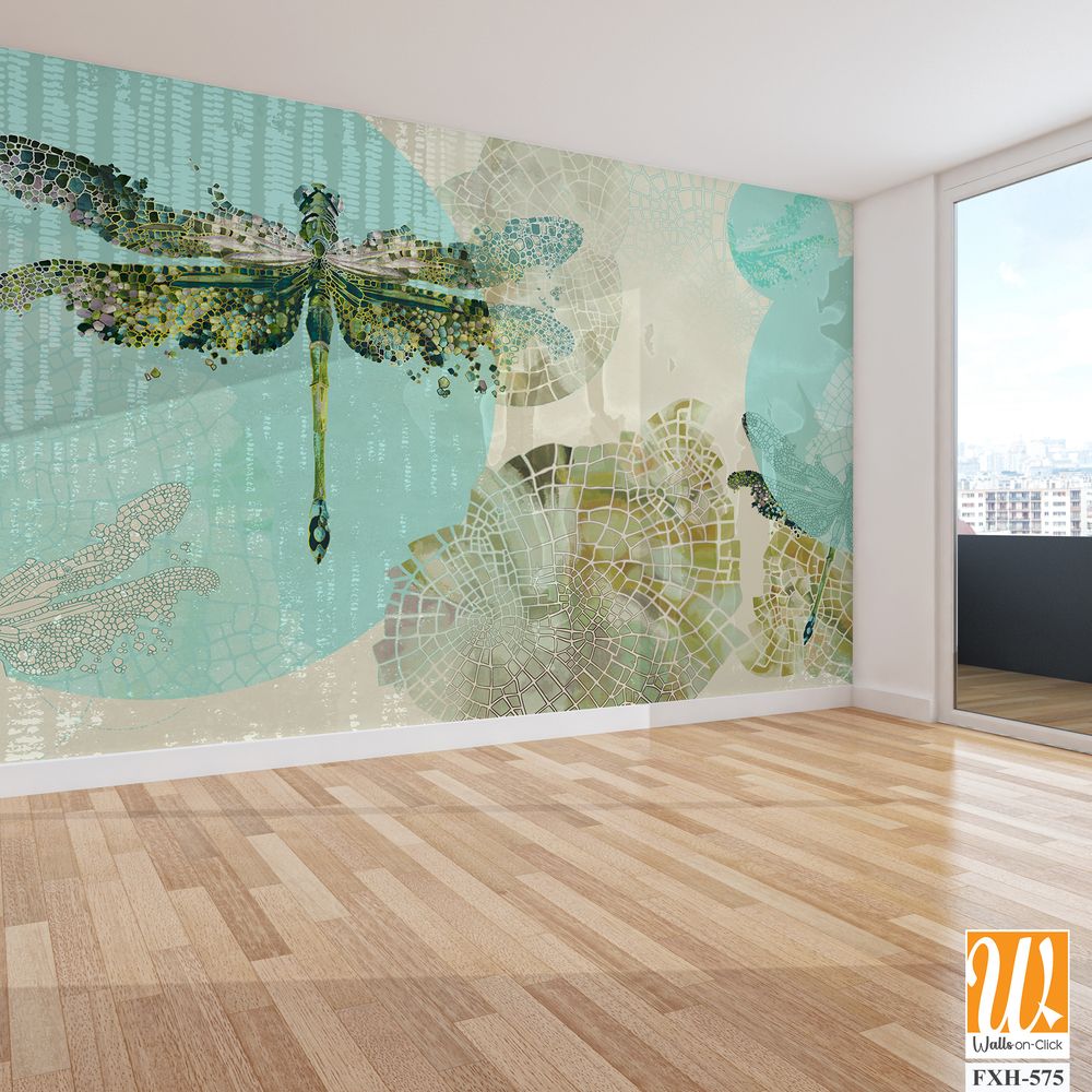 Dragonflies that fly on canvas texture background with watercolor highlights photo wallpaper [WP-FXH-575]