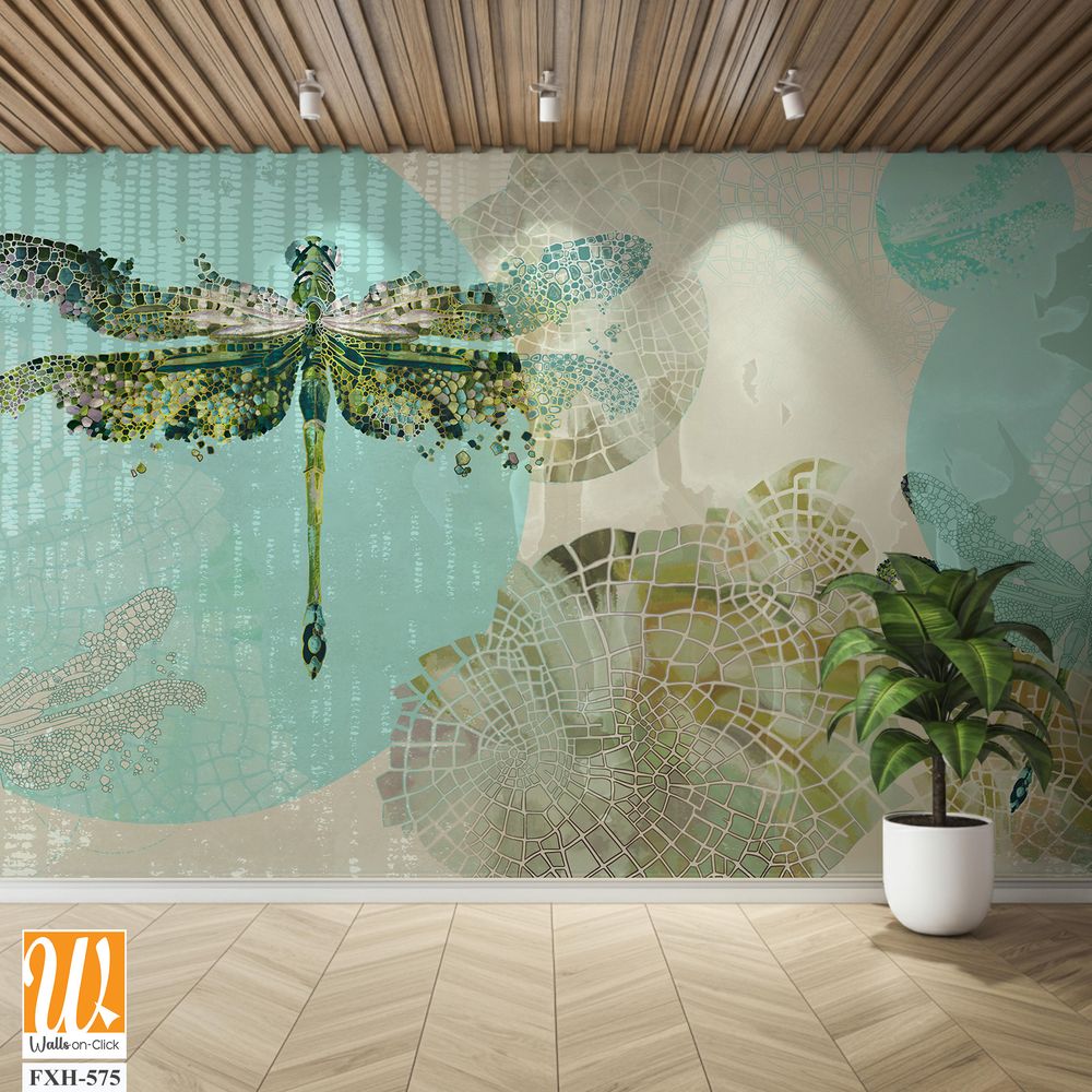 Dragonflies that fly on canvas texture background with watercolor highlights photo wallpaper [WP-FXH-575]
