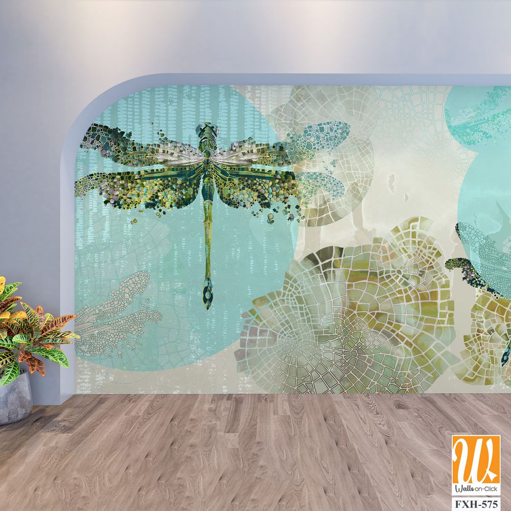 Dragonflies that fly on canvas texture background with watercolor highlights photo wallpaper [WP-FXH-575]