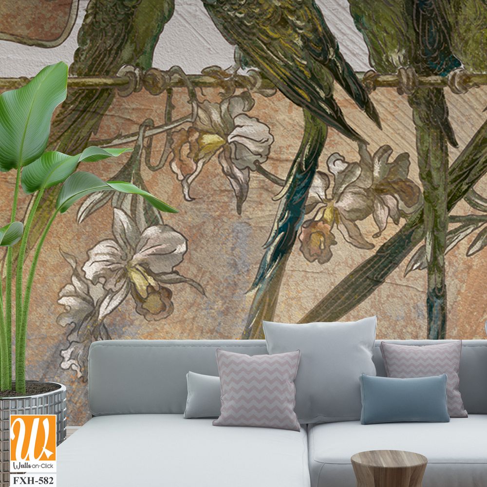 Bright playful parrots on a branch, art drawing, texture background, photo wallpaper in the interior [WP-FXH-582]