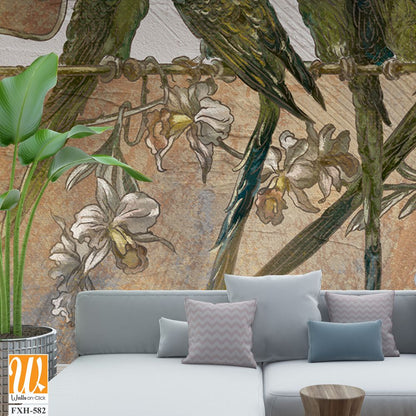 Bright playful parrots on a branch, art drawing, texture background, photo wallpaper in the interior [WP-FXH-582]