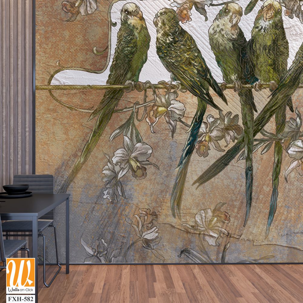Bright playful parrots on a branch, art drawing, texture background, photo wallpaper in the interior [WP-FXH-582]