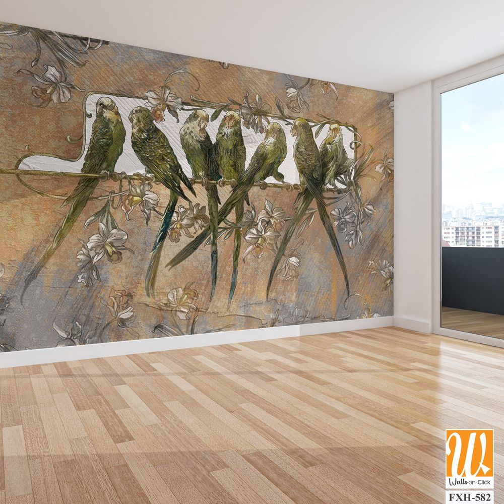 Bright playful parrots on a branch, art drawing, texture background, photo wallpaper in the interior [WP-FXH-582]
