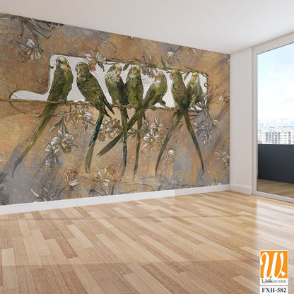 Bright playful parrots on a branch, art drawing, texture background, photo wallpaper in the interior [WP-FXH-582]
