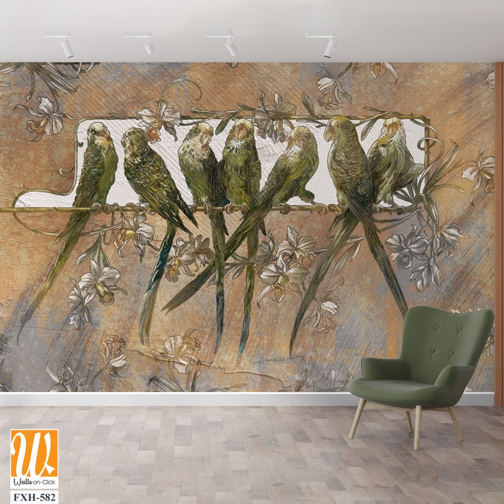 Bright playful parrots on a branch, art drawing, texture background, photo wallpaper in the interior [WP-FXH-582]