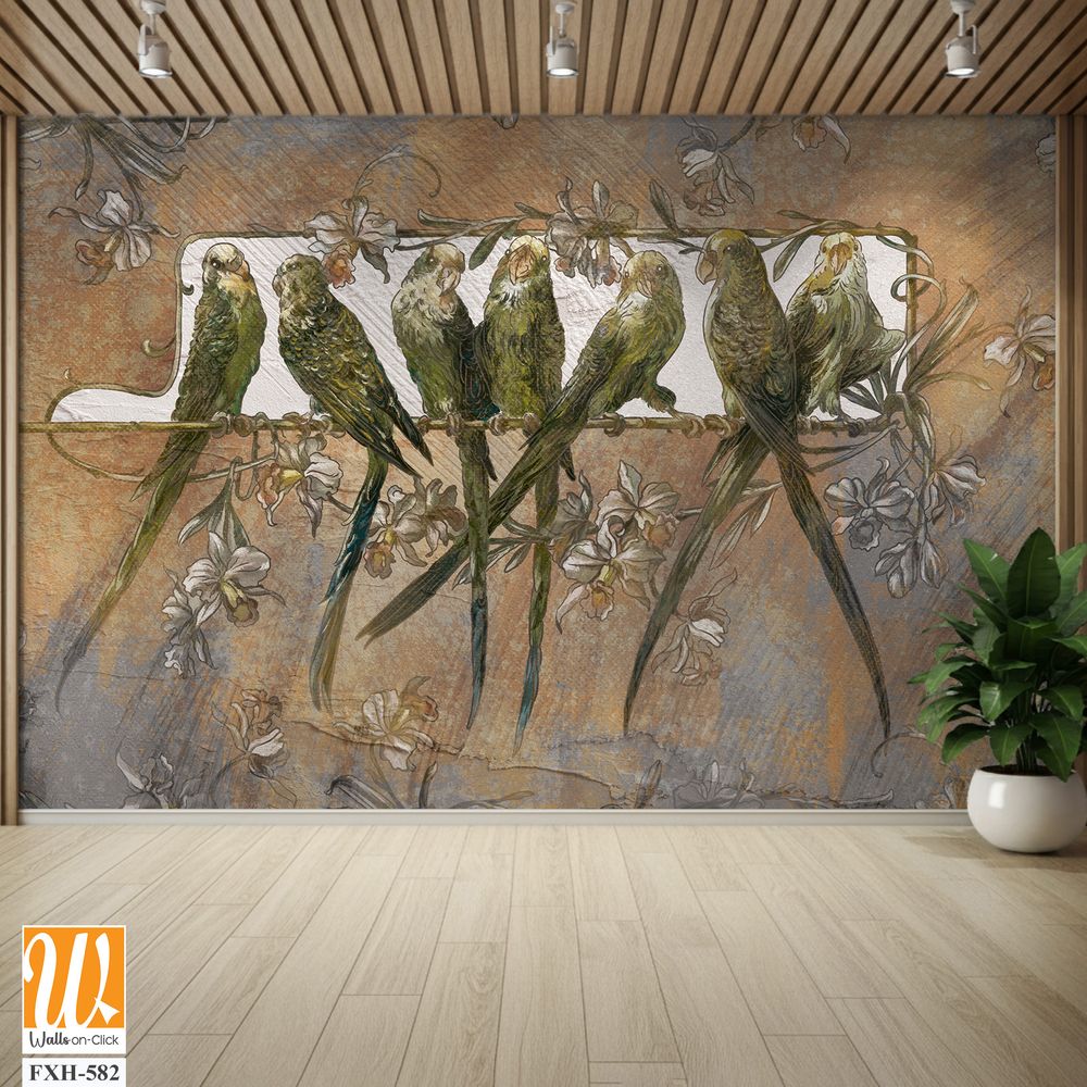 Bright playful parrots on a branch, art drawing, texture background, photo wallpaper in the interior [WP-FXH-582]