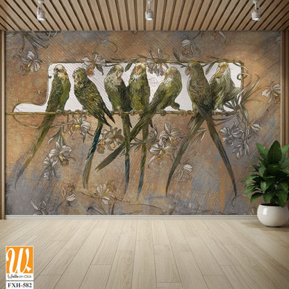 Bright playful parrots on a branch, art drawing, texture background, photo wallpaper in the interior [WP-FXH-582]