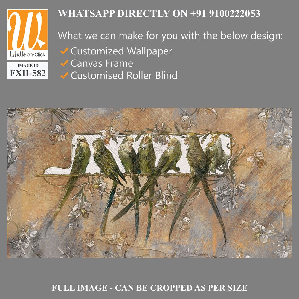 Bright playful parrots on a branch, art drawing, texture background, photo wallpaper in the interior [WP-FXH-582]