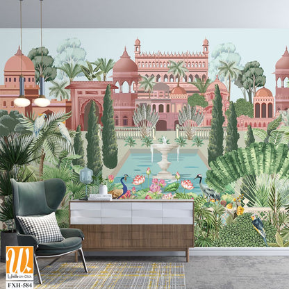 Mughal garden with bird, parrot, peacock, plants, tree, palace illustration pattern for wallpaper [WP-FXH-584]