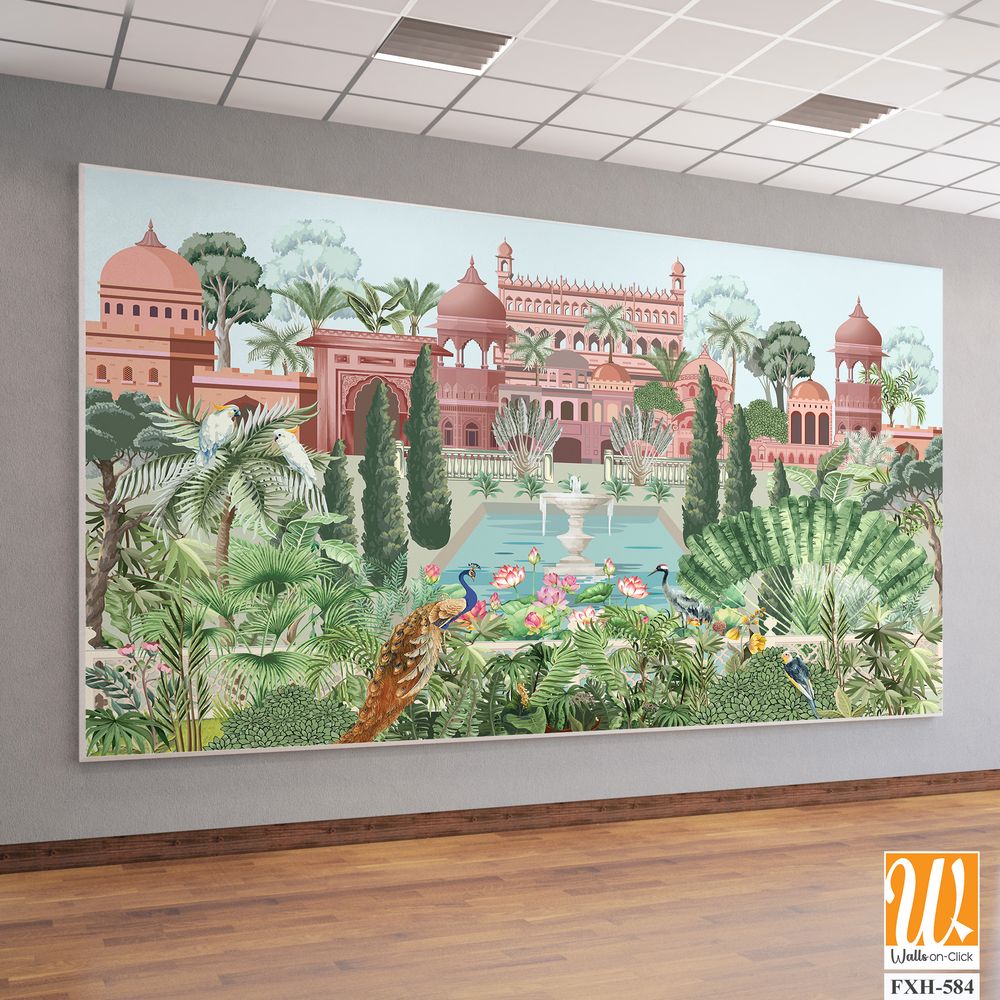 Mughal garden with bird, parrot, peacock, plants, tree, palace illustration pattern for wallpaper [WP-FXH-584]