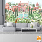 Mughal garden with bird, parrot, peacock, plants, tree, palace illustration pattern for wallpaper [WP-FXH-584]