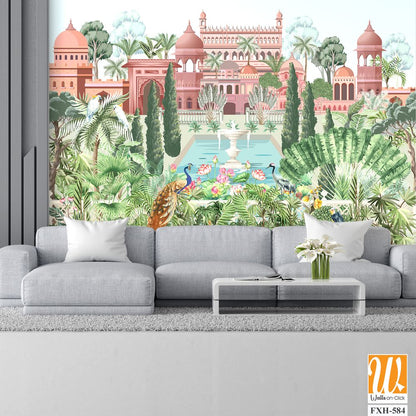 Mughal garden with bird, parrot, peacock, plants, tree, palace illustration pattern for wallpaper [WP-FXH-584]