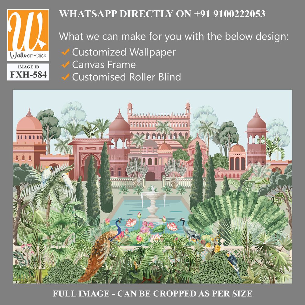 Mughal garden with bird, parrot, peacock, plants, tree, palace illustration pattern for wallpaper [WP-FXH-584]