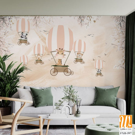 Cute animals wallpaper design for kids rooms- 3d illustration [WP-FXH-597]
