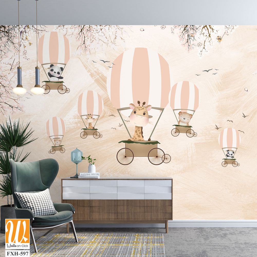 Cute animals wallpaper design for kids rooms- 3d illustration [WP-FXH-597]
