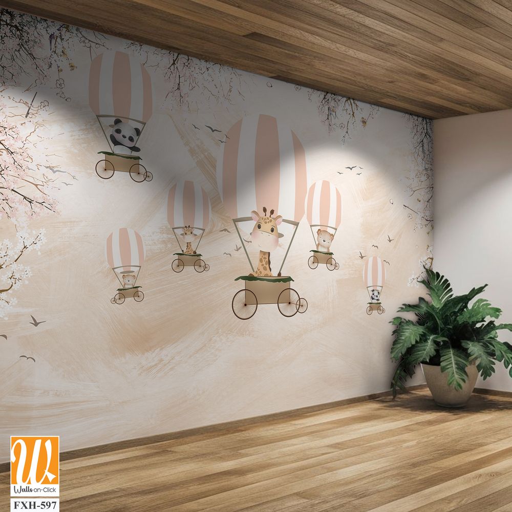 Cute animals wallpaper design for kids rooms- 3d illustration [WP-FXH-597]