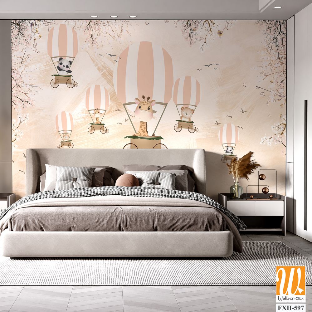 Cute animals wallpaper design for kids rooms- 3d illustration [WP-FXH-597]