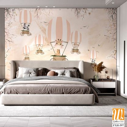Cute animals wallpaper design for kids rooms- 3d illustration [WP-FXH-597]