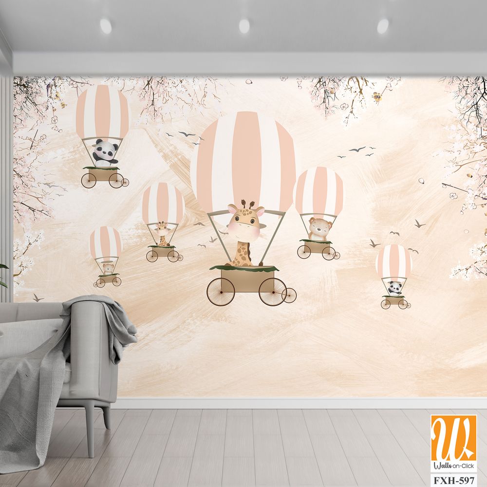 Cute animals wallpaper design for kids rooms- 3d illustration [WP-FXH-597]