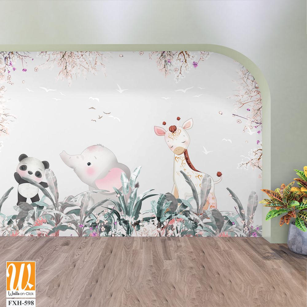 Cute animals wallpaper design for kids rooms- 3d illustration [WP-FXH-598]