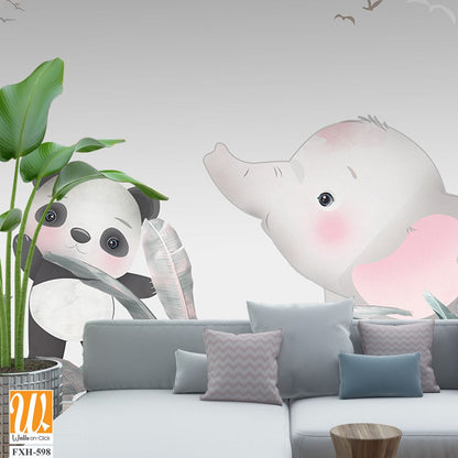 Cute animals wallpaper design for kids rooms- 3d illustration [WP-FXH-598]