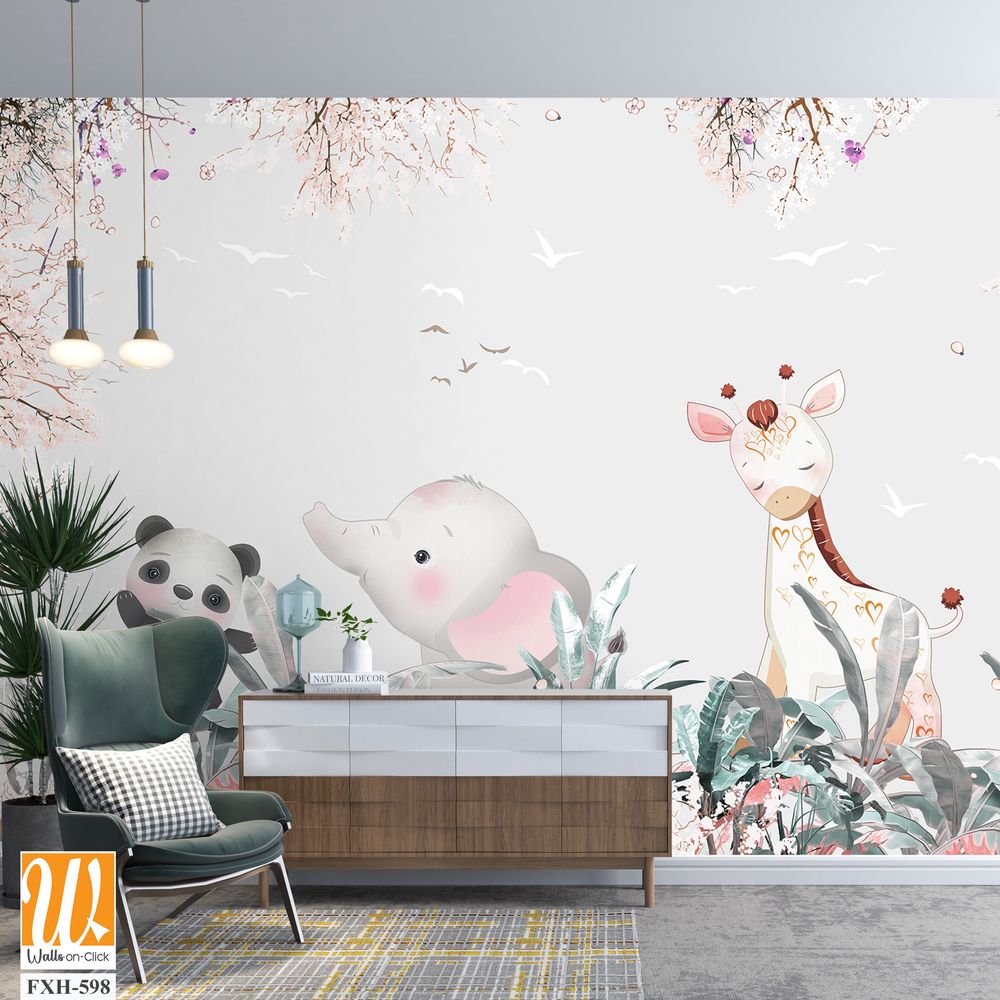 Cute animals wallpaper design for kids rooms- 3d illustration [WP-FXH-598]