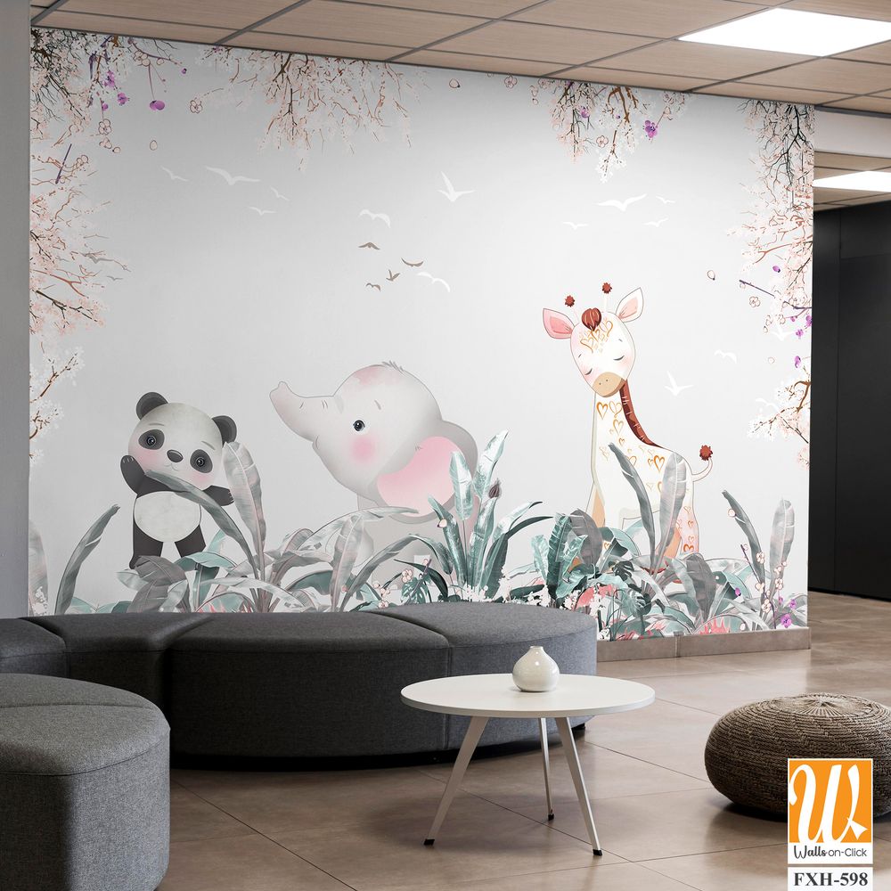 Cute animals wallpaper design for kids rooms- 3d illustration [WP-FXH-598]