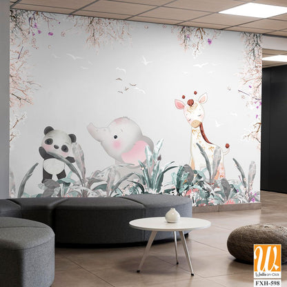 Cute animals wallpaper design for kids rooms- 3d illustration [WP-FXH-598]
