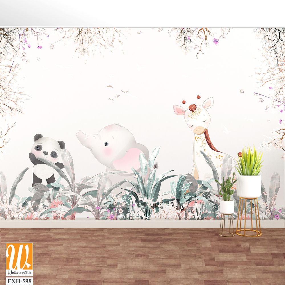 Cute animals wallpaper design for kids rooms- 3d illustration [WP-FXH-598]